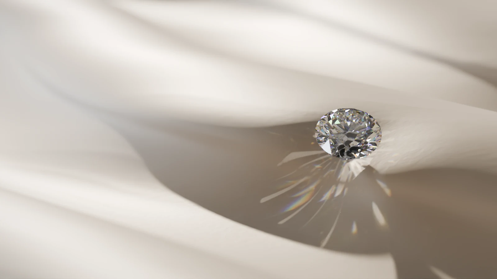 A round moissanite on folded silk, throwing rays of coloured light