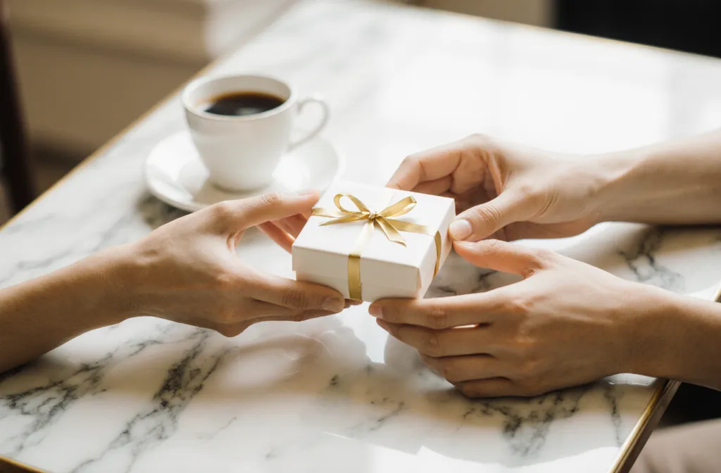 Two people at a marble table, one passing the other a small wrapped gift