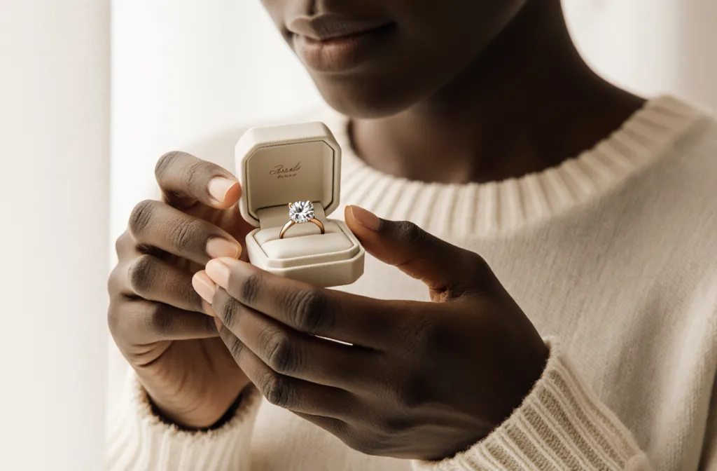 A person in a cream jumper opening a ring box
