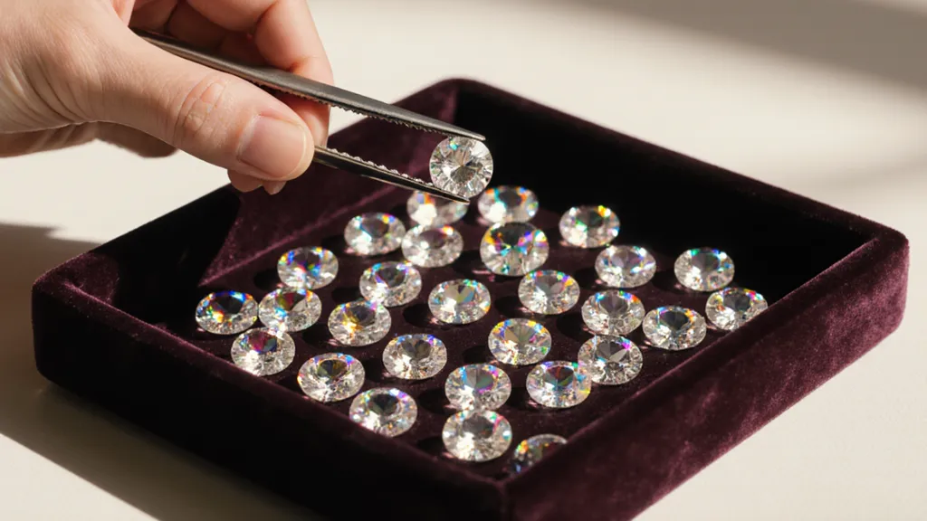 Tweezers lifting a moissanite from a velvet tray of loose stones