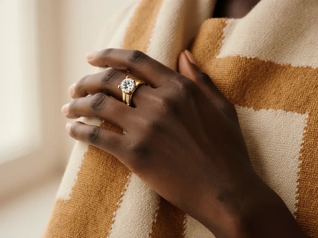 A hand wearing a gold moissanite ring against a striped cloth