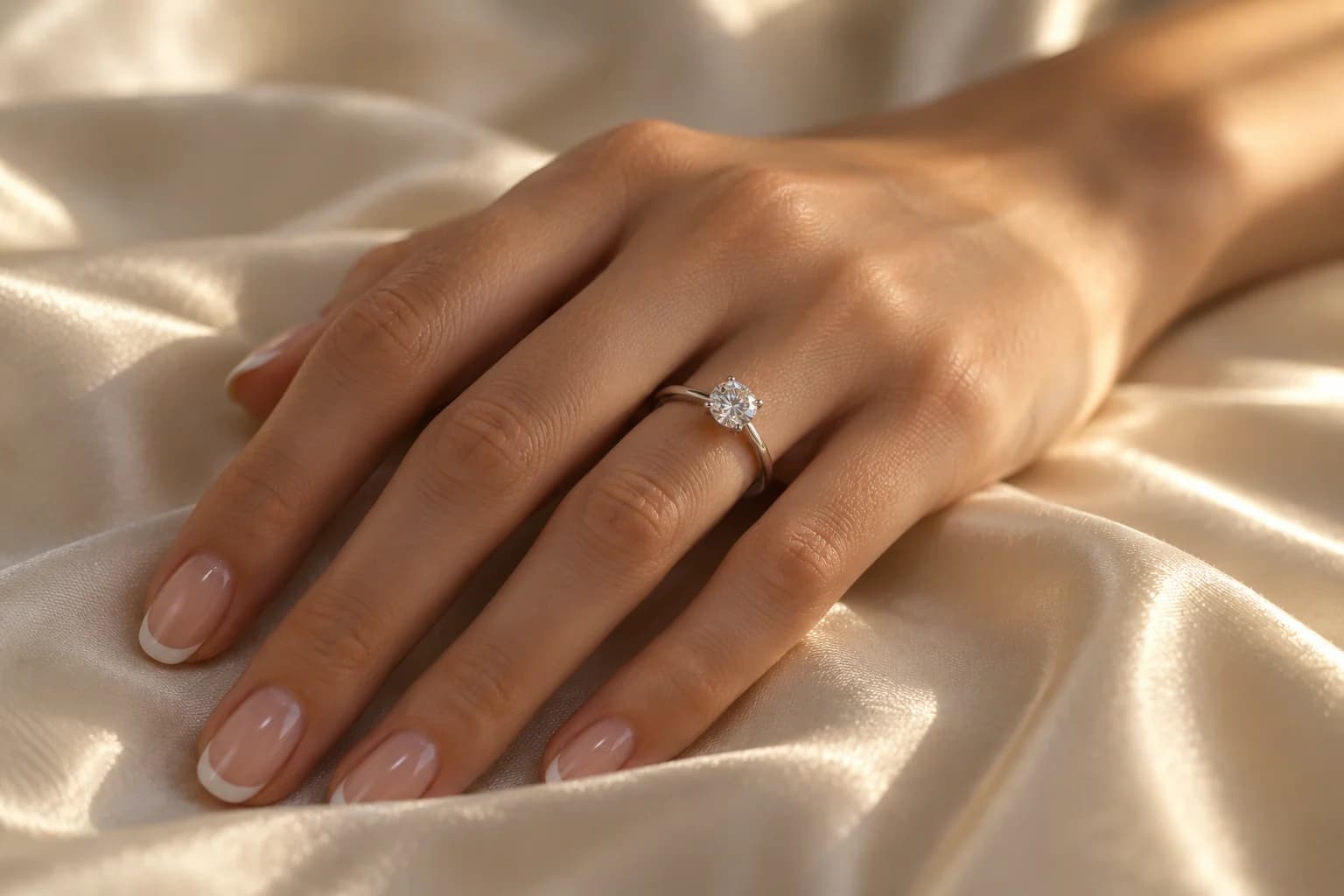 A hand resting on ivory satin, wearing a round brilliant solitaire