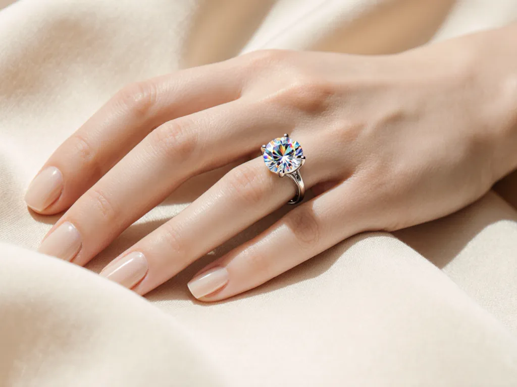 A hand on ivory silk wearing a round brilliant solitaire