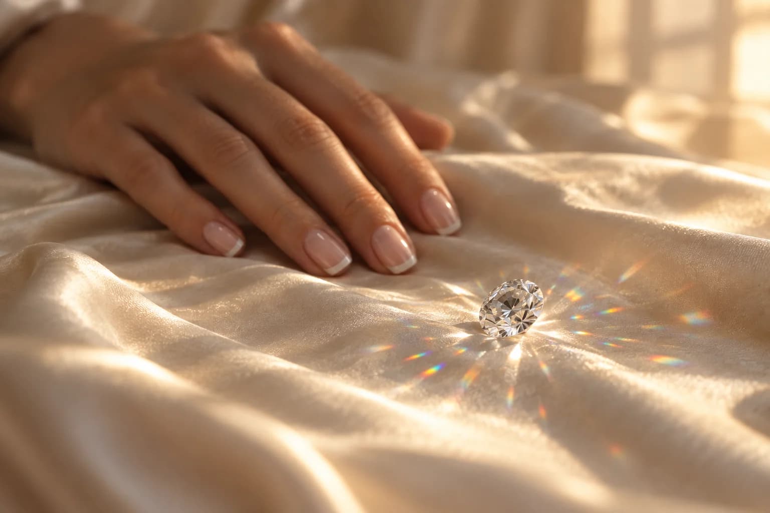 A hand resting on ivory satin beside a loose round brilliant moissanite scattering rainbow light