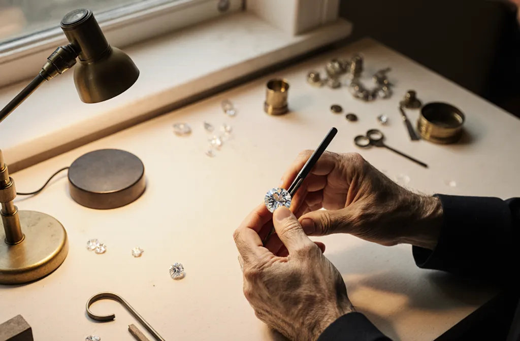 A jeweller's bench with loose stones, tweezers and a loupe