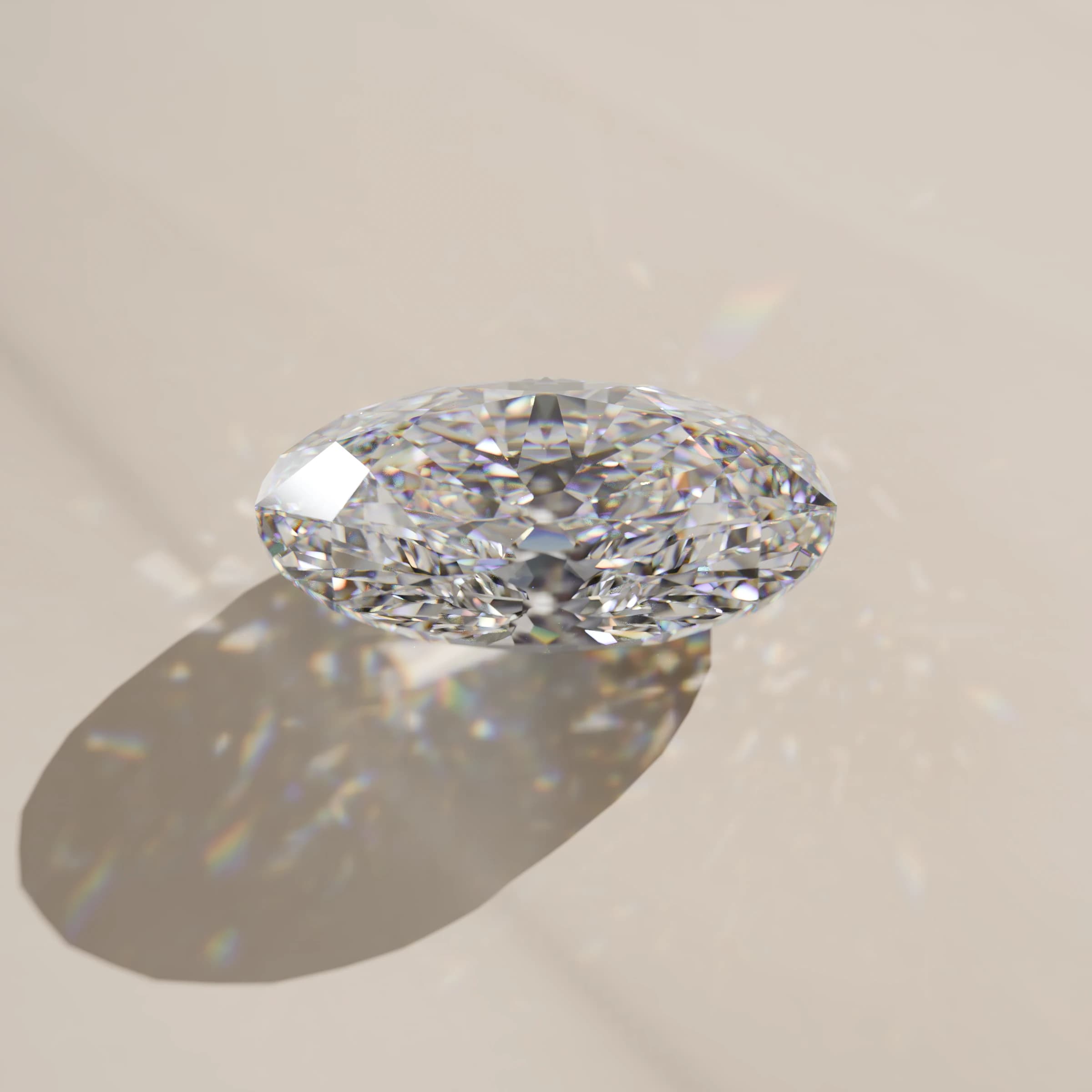 An oval moissanite on a pale surface, casting light