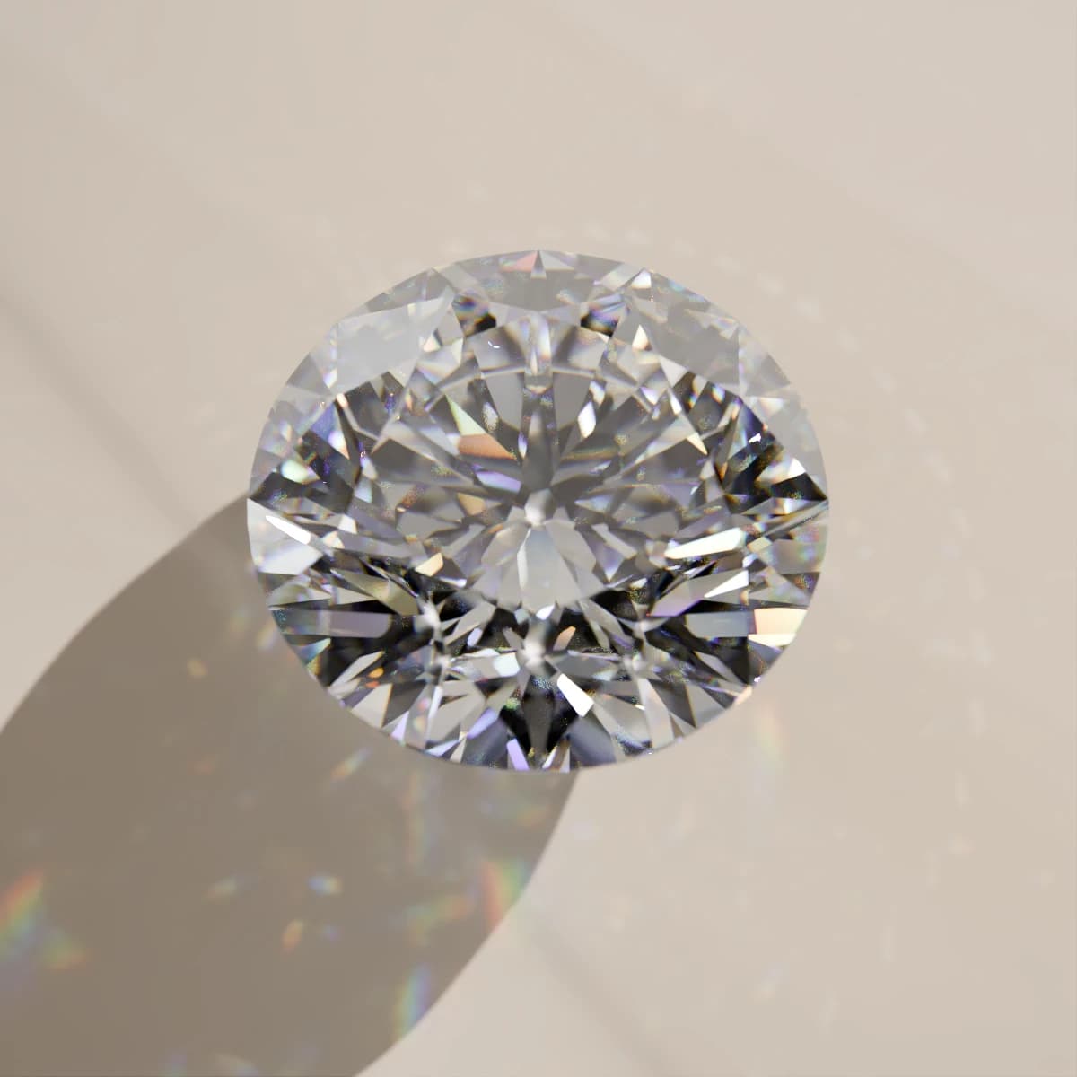 A round brilliant moissanite seen from above, casting coloured light