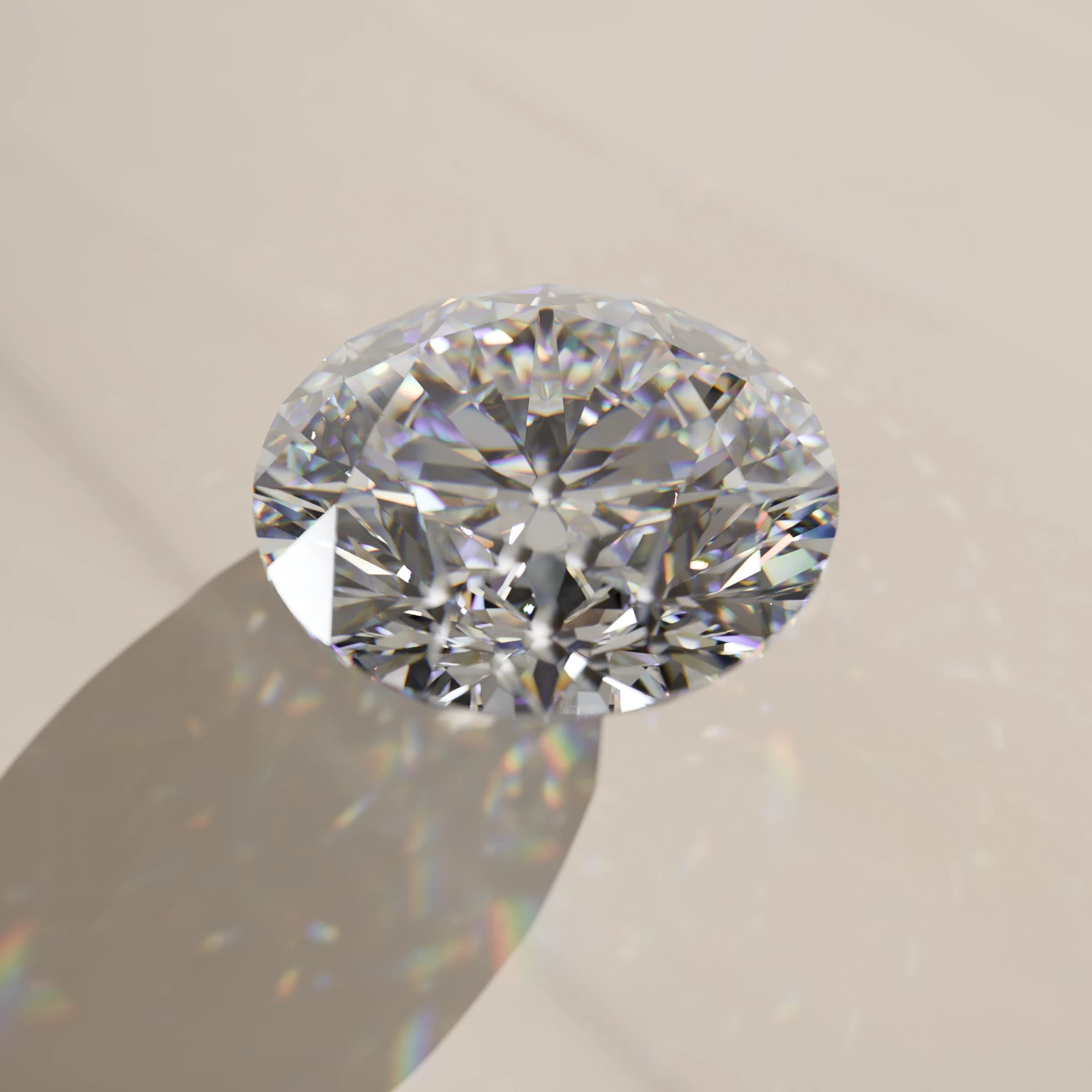 A round brilliant moissanite on a pale surface, casting light