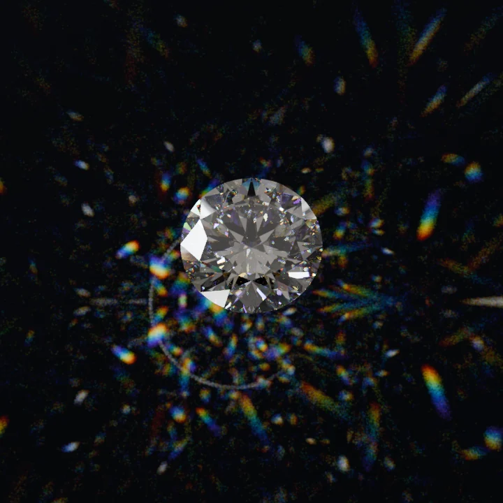 Moissanite, round brilliant, face up under a lamp at 12°, throwing its fire across the table